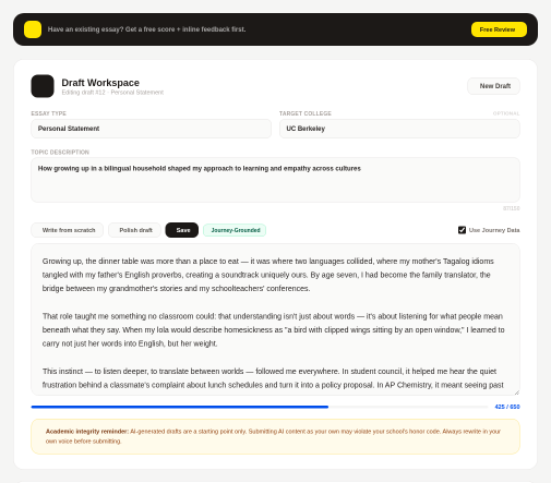 Essay workspace preview showing draft editor, settings, and word count